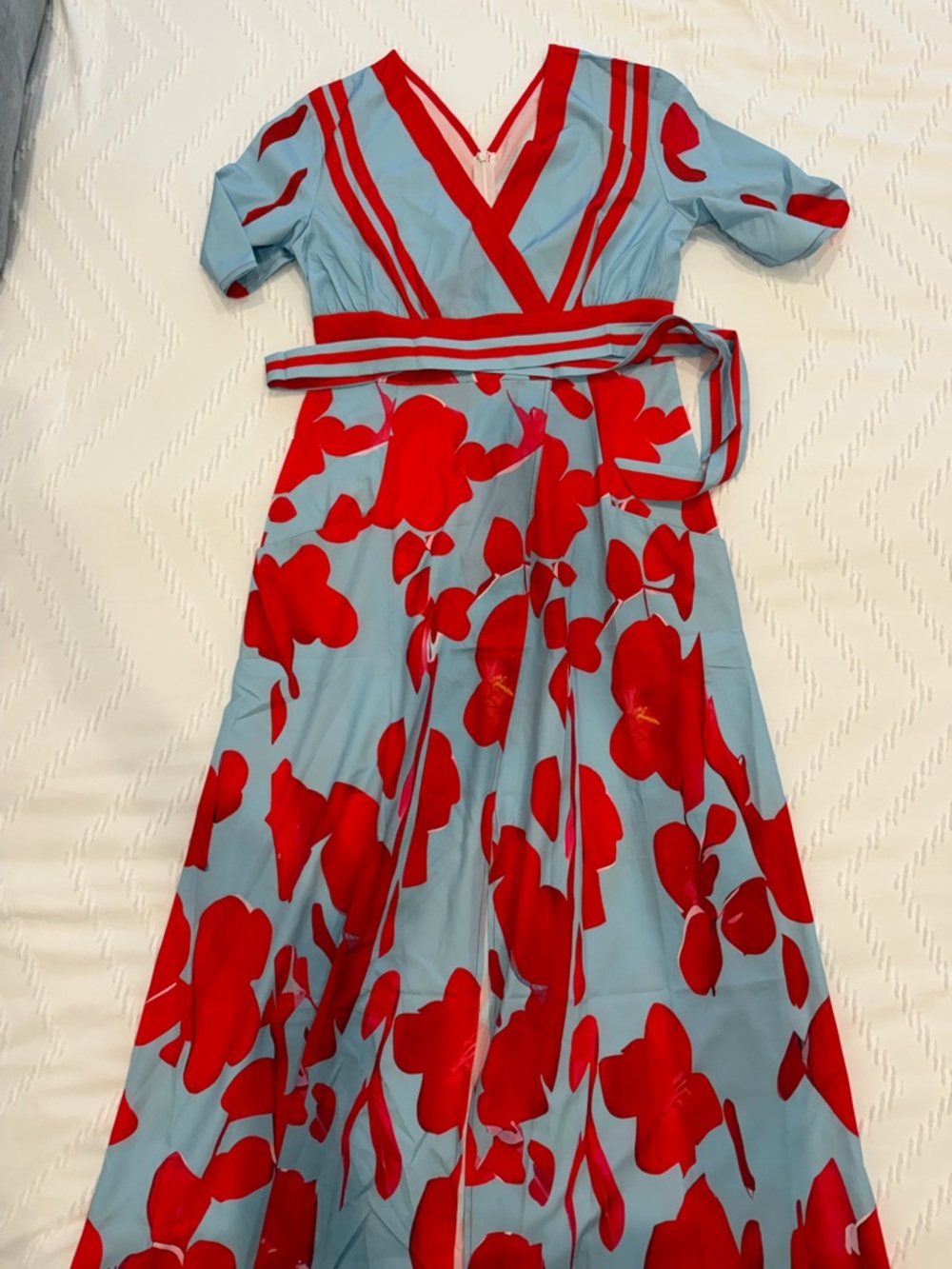 Maxi Floral Wrap Dress in Light Blue and Red